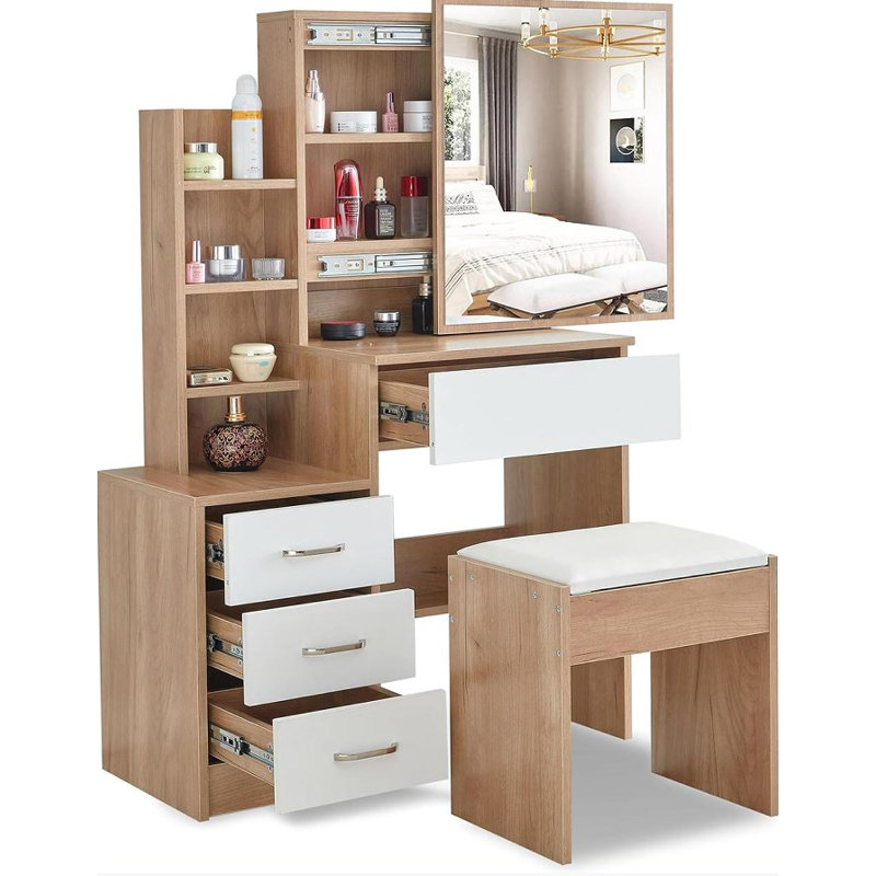 Vanity Desk With Sliding Mirror And Lights, Brown/White