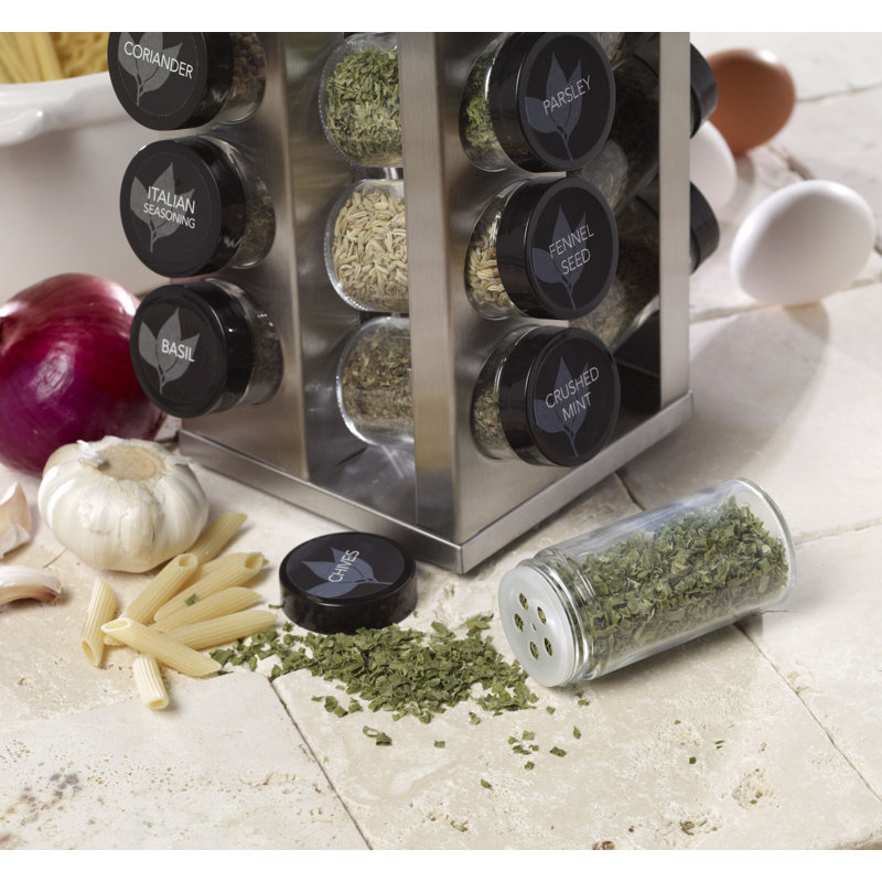 Kamenstein Brushed Stainless Steel 20-Jar Revolving Countertop Spice Rack, Pre Filled Spice