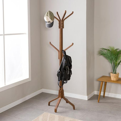 Solid Wood Coat Rack Freestanding, Coat Stands Entryway, Coat Rack Hat Hanger Hook for Jacket, Purse, Scarf Rack, Mid Century Umbrella Tree Stand (6-hook, Walnut)