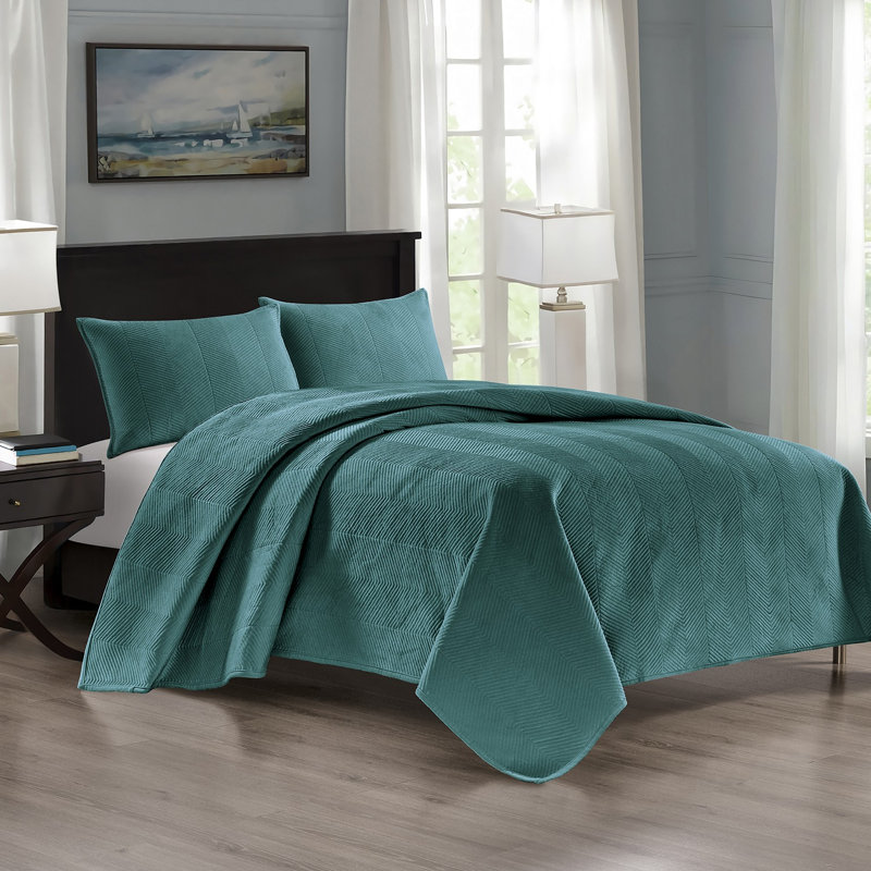 Ensemble de courtepointe en velours bleu minéral Pointehaven, Bleu minéral, Courtepointe pour lit double/grand et 2 taies déc