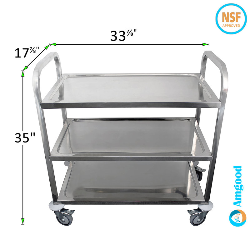 Chariot de salle à manger à 3 tablettes sur roulettes en acier inoxydable, H 35 po x l 34 po x P 18 po