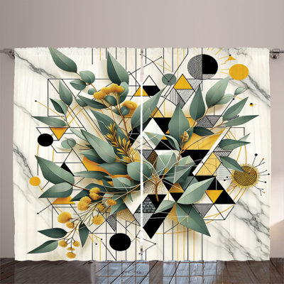 Ambesonne Curtains 2 Panel Set, Blossomy Leaf Art, Green Black Mustard -  p_429336_108x63