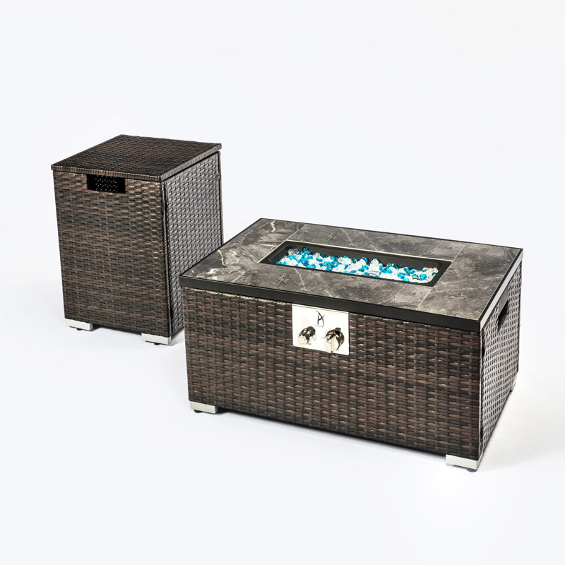 Table de foyer d'extérieur au propane avec pour alimentation, extérieur rectangulaire, brun foncé, plateau en carreaux de céramique, puissance calorifique de 40000 BTU, structure en acier, brûleur approuvé, table d'extérieur réglable avec réservoir à flamme,