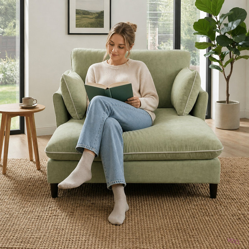 Canapé-lit moderne avec méridienne de 130 cm (51,2 pouces) et coussins pour le salon et la chambre., Chenille verte