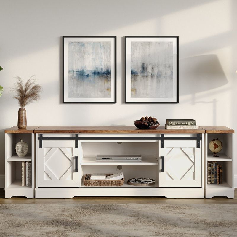 Laziza 78.6" W TV Stand for TVs up to 85" with Sliding Barn Doors and Open Storage , Cream White