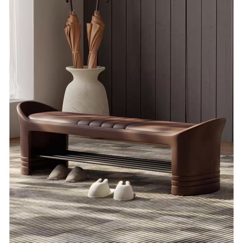 Banc de rangement contemporain pour chaussures en cuir massif, Brun