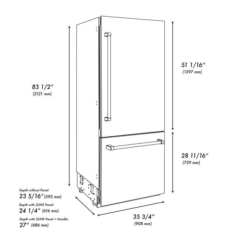 ZLINE Autograph 36 in. Built-In Refrigerator in White Matte w/ Bronze Accents, Satin Stainless Steel/Polished Gold