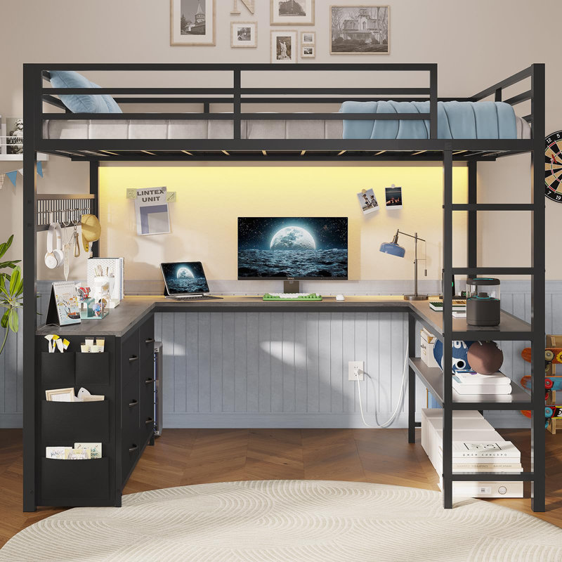 Absarokee Loft Bed Full Size With U-shaped Desk, 6 Storage Drawers, Power Outlet, Led Metal Loft Bed With 2 Storage Shelves, Bed With Safety Guardrail & Ladders, No Box Spring Needed