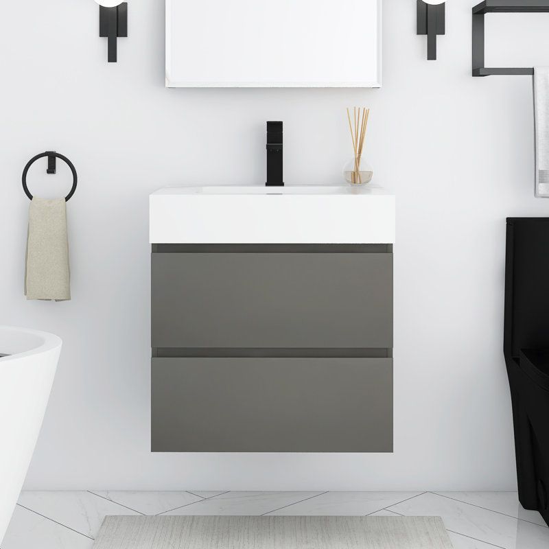 Ensemble de meuble-lavabo mural 24 po avec lavabo en résine blanche intégrée, Gris