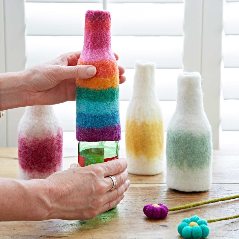 Wool / Felt Decorative Bottle, White/Green