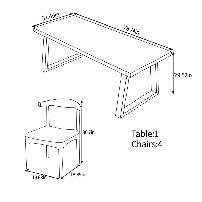 Ensemble de table entièrement en bois massif, H 29,92 po x L 78,74 po x l 31,49 po