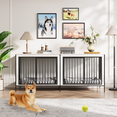 Meuble pour chien XL pour 2 chiens, caisses doubles robustes pour chiens de taille moyenne / grande, meuble pour chenil d'intérieur comme meuble télé, très grand l 78,74 po, blanc rustique
