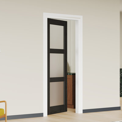 Prehung Black French Door - 3 Lite Frosted Glass MDF Interior Door with Frame