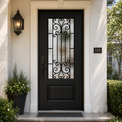 36 In. X 80 In. Black Fiberglass Door Slab With Frosted Glass - Right Hand Inswing