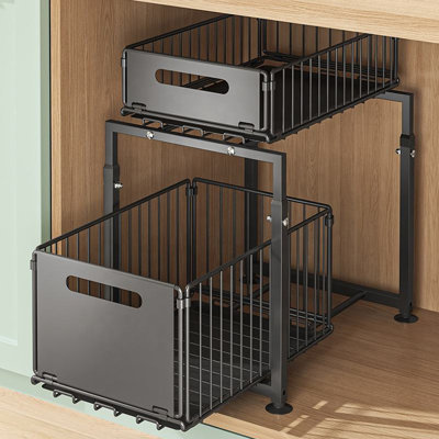 Rangement à 2 niveaux pour armoire coulissante en métal à double tiroir coulissant réglable sous le lavabo pour rangement de garde-manger