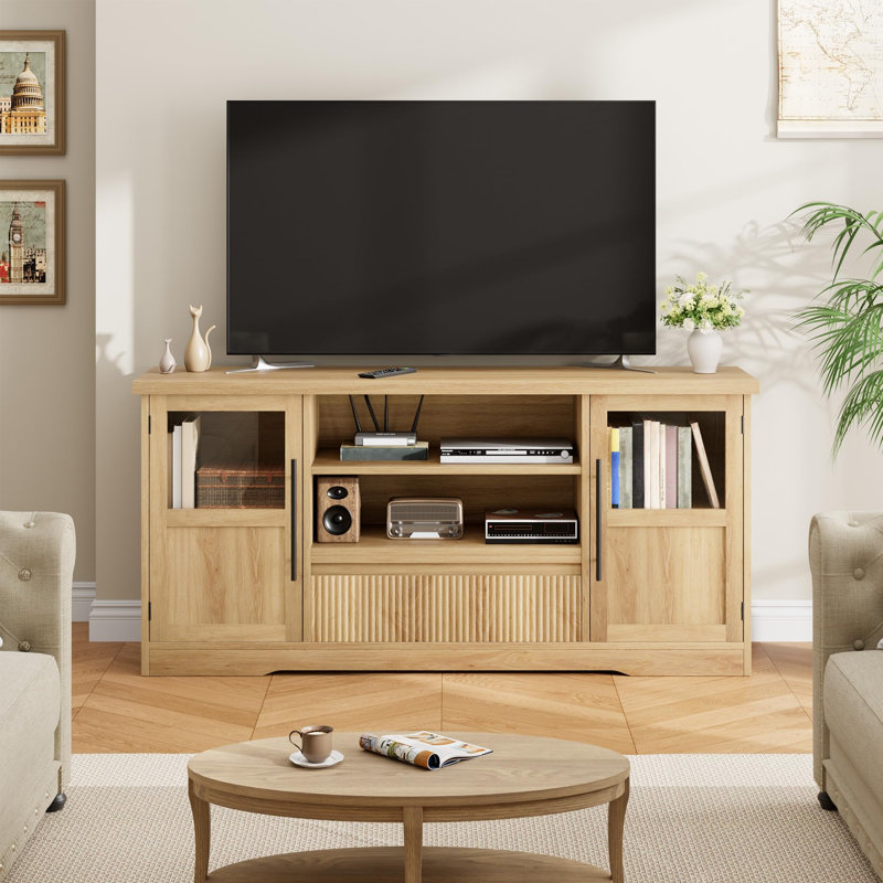 Meuble télé 72 pouces - Meuble audio-vidéo avec motif à vagues, 2 armoires à portes vitrées et rangement ouvert pour le salon