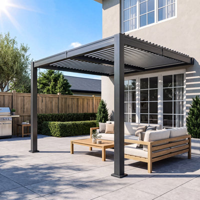 Wall Mounted Pergola 10x12 FT, Lean to Gazebo with Adjustable Louvers, Secure Wall Attachment, Galvanized Steel Rust-Resistant Frame, Built-In Drainage System for Patio, Deck & Backyard