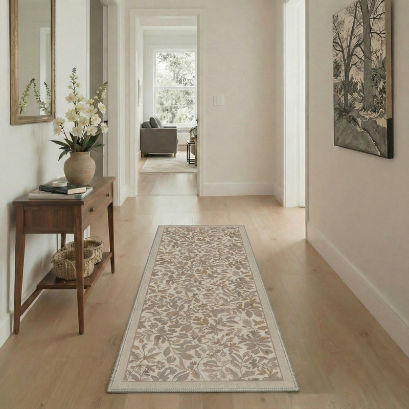 Abeyta Verdure Botanical Machine Washable Beige / Brown Indoor Area Rug with Non-Slip Backing, Runner 2'6" x 8'