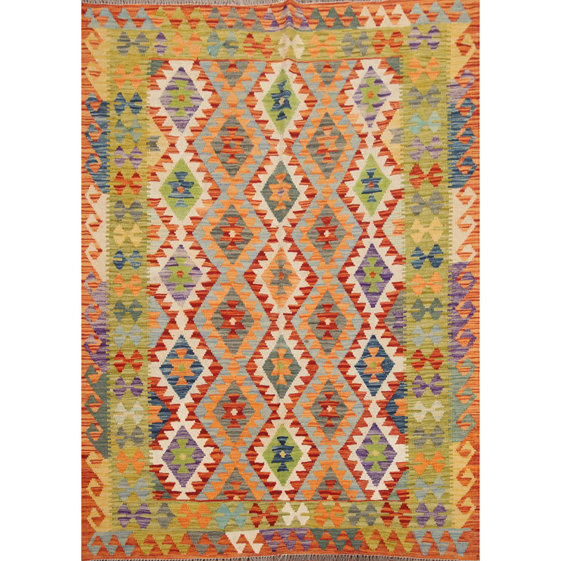 Tapis géométrique en laine Kilim 5 x 6