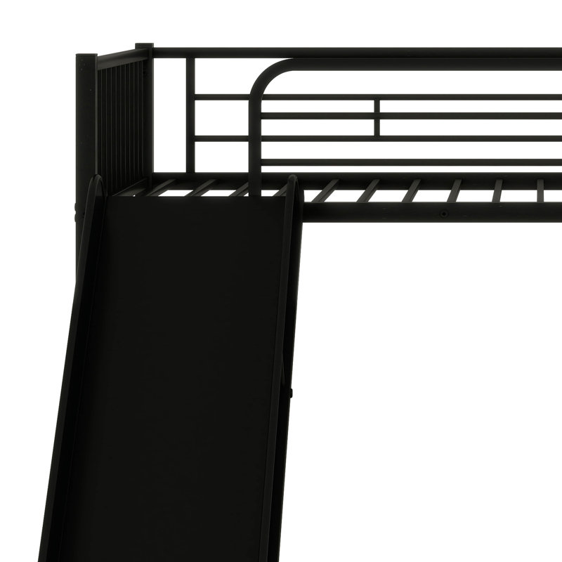 Twin Over Twin Bunk Bed With Slide And Ladder, Metal Bunk Bed With Safety Guardrail, Black