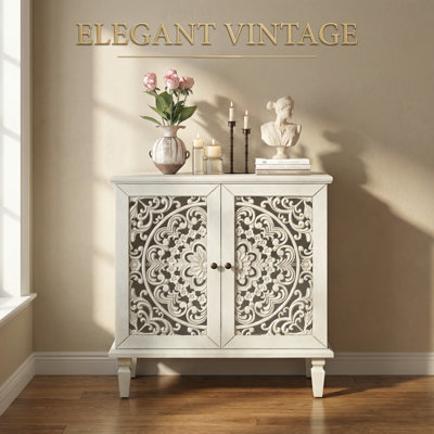 Commode d'appoint rétro sculptée, buffet de rangement à 2 portes avec motif floral symétrique, tablette réglable et pieds en bois massif pour le vestibule du salon, gris antique blanc