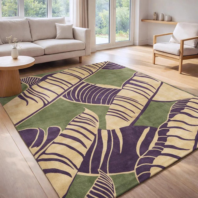 Alfred Shaheen Floral Handmade Tufted Wool Green/Purple/Beige Area Rug,  Blue/Gray/ Ivory, Rectangle 7'9" x 10'6"