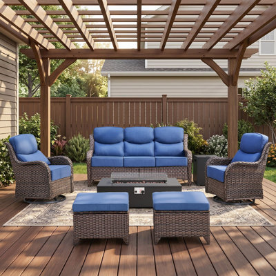 Ensemble de conversation extérieur en osier pour 5 personnes avec canapé, fauteuils pivotants, pouf et foyer