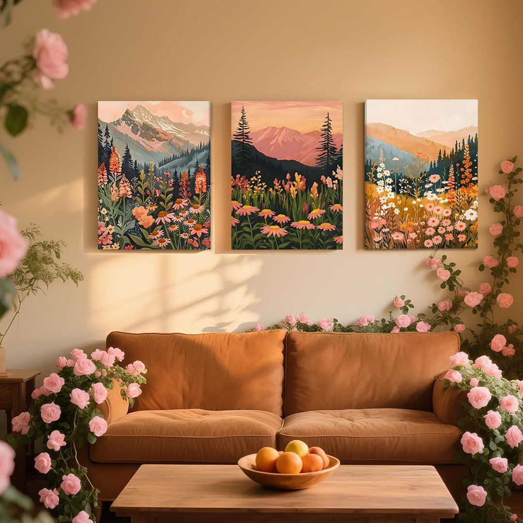 Boho Mountain Wall Decor, Colorful Nature Abstract Landscapes Wildflower Canvas Wall Art, Daisy Painting Artwork For Living Room Bedroom Office, Wrapp