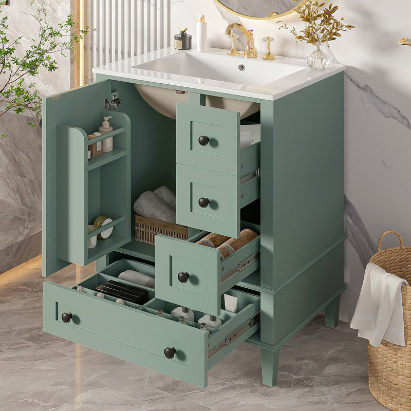 Meuble-lavabo vert clair de 24 po avec lavabo intégré en céramique, avec tablette à double couche, tiroirs à fermeture en douceur et porte d'armoire à fermeture en douceur