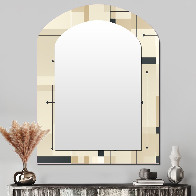 Beige And Grey Minimalist Grid Harmony - Geometric Arch Unique Mirror, Beige Asymmetrical Large Wall Mirror, Printed Metal Art