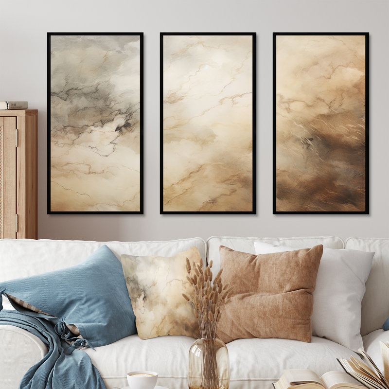 «Beige Minimalisme Storms I» - ensemble de reproductions d'art mural tempêtes, Cadre flottant noir