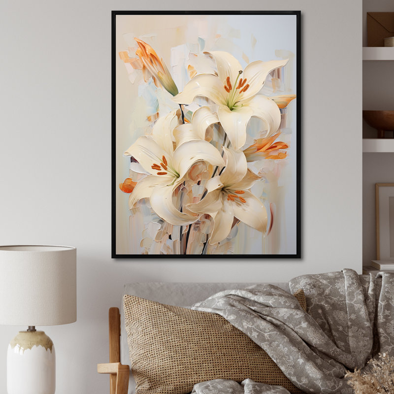 «Beige lys en fleurs» sur toile, Cadre flottant noir, H 40 po x l 30 po x P 1,5 po