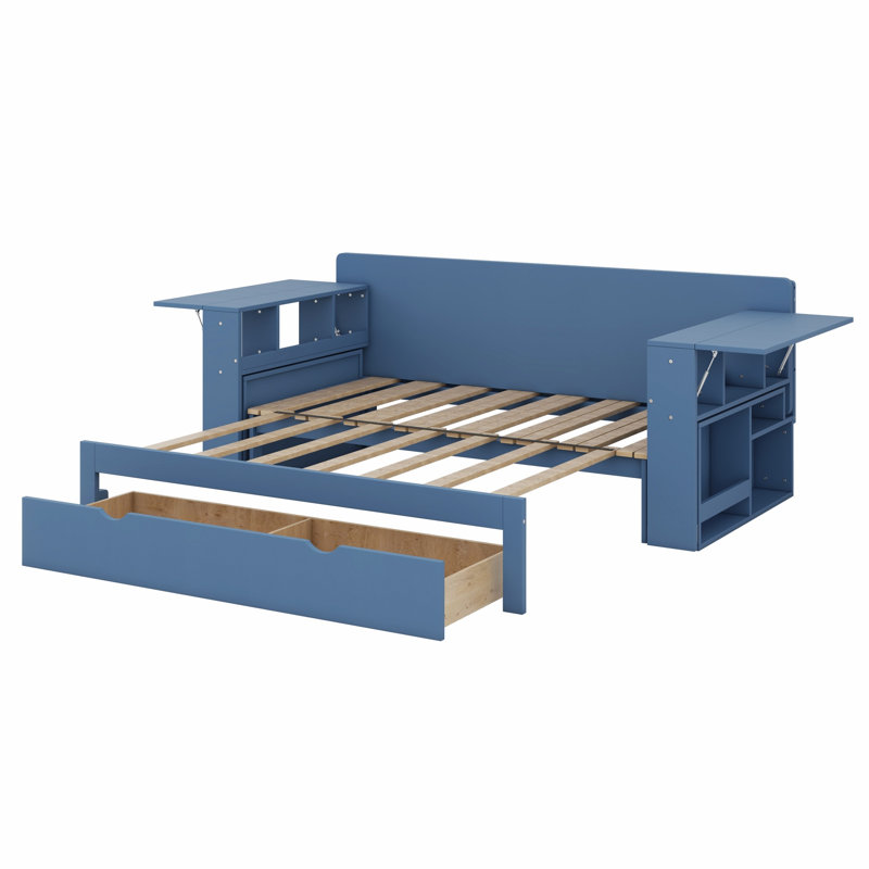 Lit de jour avec bureau amovible, tiroirs de rangement et table d'appoint hydraulique, Bleu, Lit double 