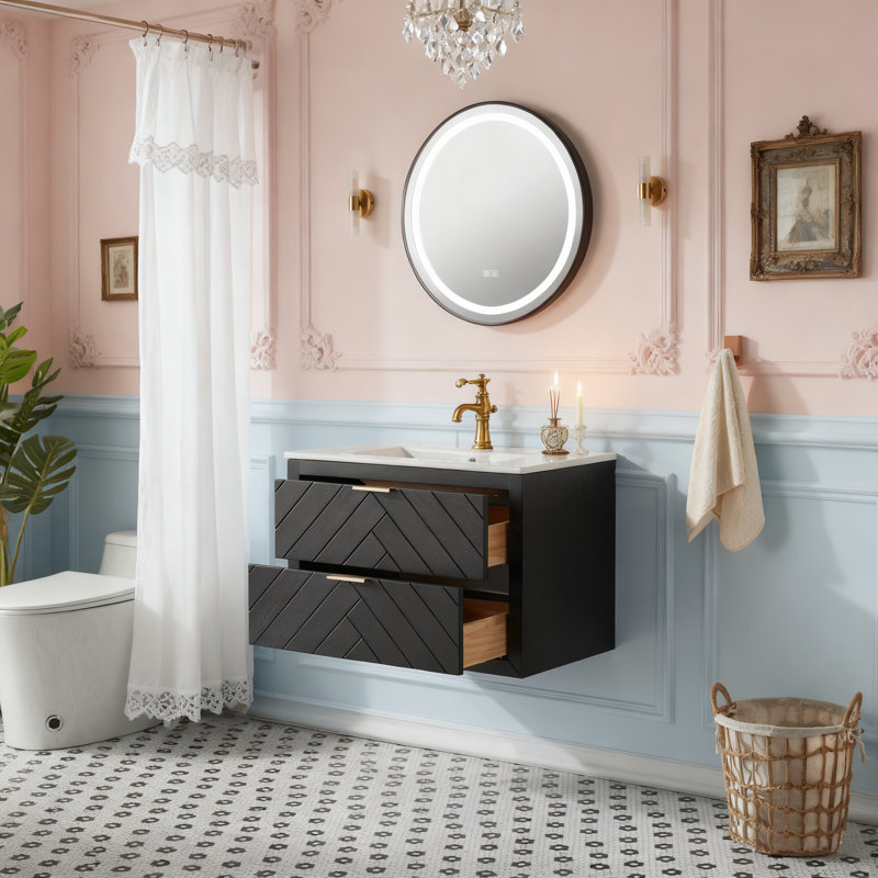 Ensemble de meuble-lavabo simple 30 po avec lavabo en céramique, ensemble mural et flottant, Noir