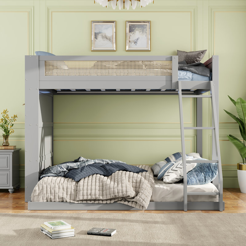 Lit simple superposé au dessus d'un lit double avec tablette et DEL, gris, Gris