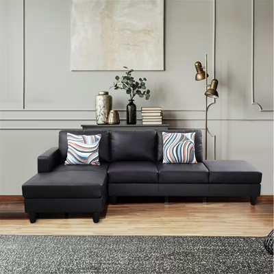 2-piece Black Faux Leather L-shaped Sectional Sofa
