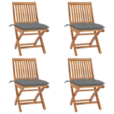 Ensemble de 4 chaises de jardin en bois de teck massif gris avec coussins en polyester