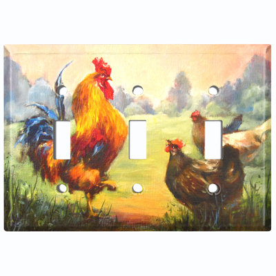 Rooster Chicken Hen Forest Trees Art 3-Gang Wall Plate -  WorldAcc, F-T3-PNT029