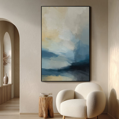 Extra Large Wall Art Fabric Print - Soft Blue and Beige Abstract Coastal Horizon Artwork Decor for Living Room or Bedroom - "Frame Assembly Required (Unfinished Frame)"