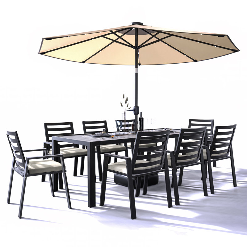 Table de salle à manger rectangulaire d'extérieur à lattes et 8 chaises en aluminium Letendre, Beige
