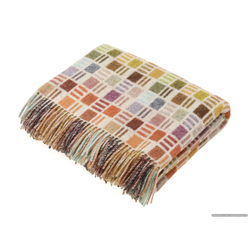 Jeté tissé en laine d'agneau Merino, Brun / vert / beige / orange abstrait