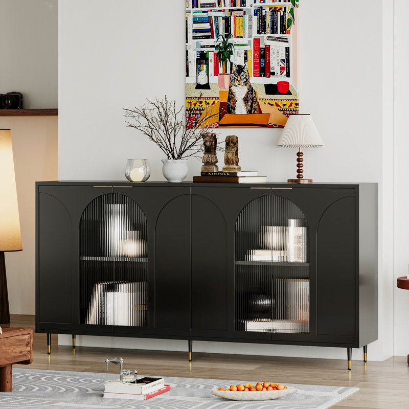 Accent Cabinet Black Lacquered Wooden Cabinet With 4 Glass Doors Sideboard Buffet Server Cabinet Storage Cabinet, For Living Room, Entryway, Hallway, Office, Kitchen And Dining Room