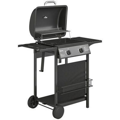 2 Burner Propane Gas Grill, 18000 BTU BBQ Grill with Wheels, Warming Rack, Side Tables, Shelf, Thermometer, Grease Cup, Outdoor Barbeque for Outdoor Backyard Patio, Black