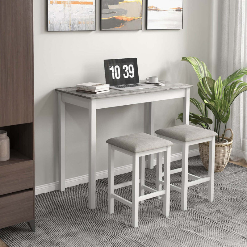 Ebern Designs 3 Pcs Bar Table Set Dining Table & 2 Linen Fabric Padded Bar Stools Faux Marble White