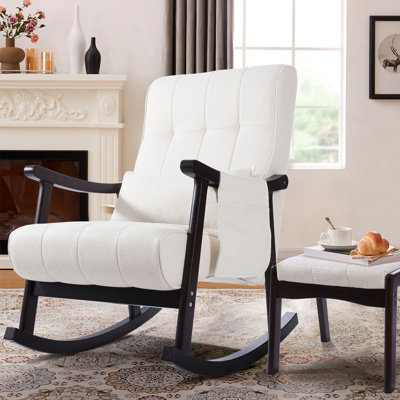 Kelbie Upholstered Nursery Rocking Chair with Ottoman,Pillow,Storage Bag and Rubberwood Frame