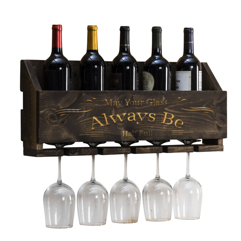 Kierra 5 Bottle Solid Wood Wall Mounted Wine Bottle & Glass Rack in