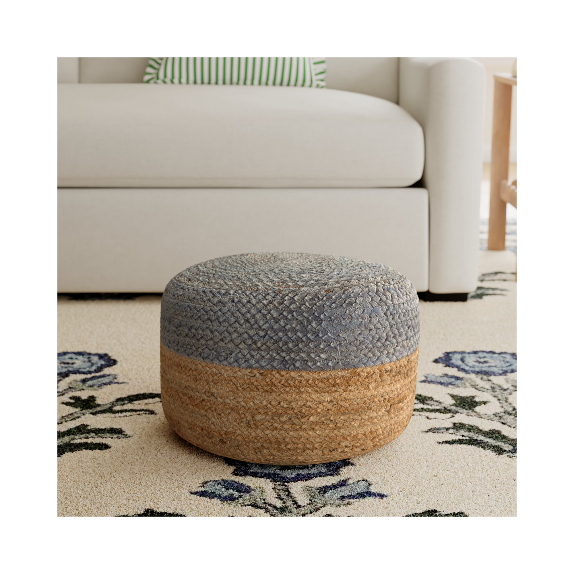 Teele 18" Wide Round Pouf Ottoman, Light Gray/Beige
