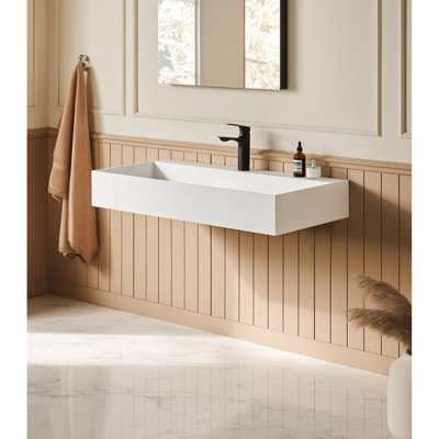 Évier vasque rectangulaire blanc mat 36 "x 18" à fixation murale avec trou pour robinet. Salle de bain spacieuse et élégante pour les salles de bain partagées. Fabrication en pierre et en résine. Installation facile