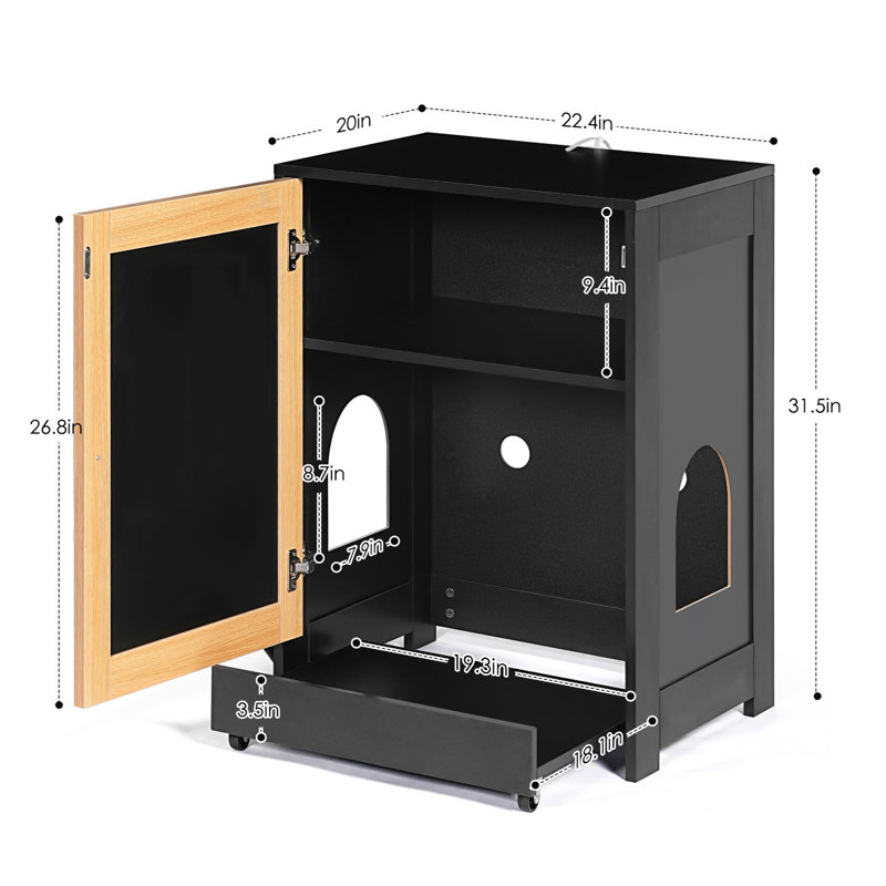Toilette cachée pour chat, bac à litière noir avec porte et griffoir - roulettes à tirer pour la boîte, fournitures de boîtes de rangement