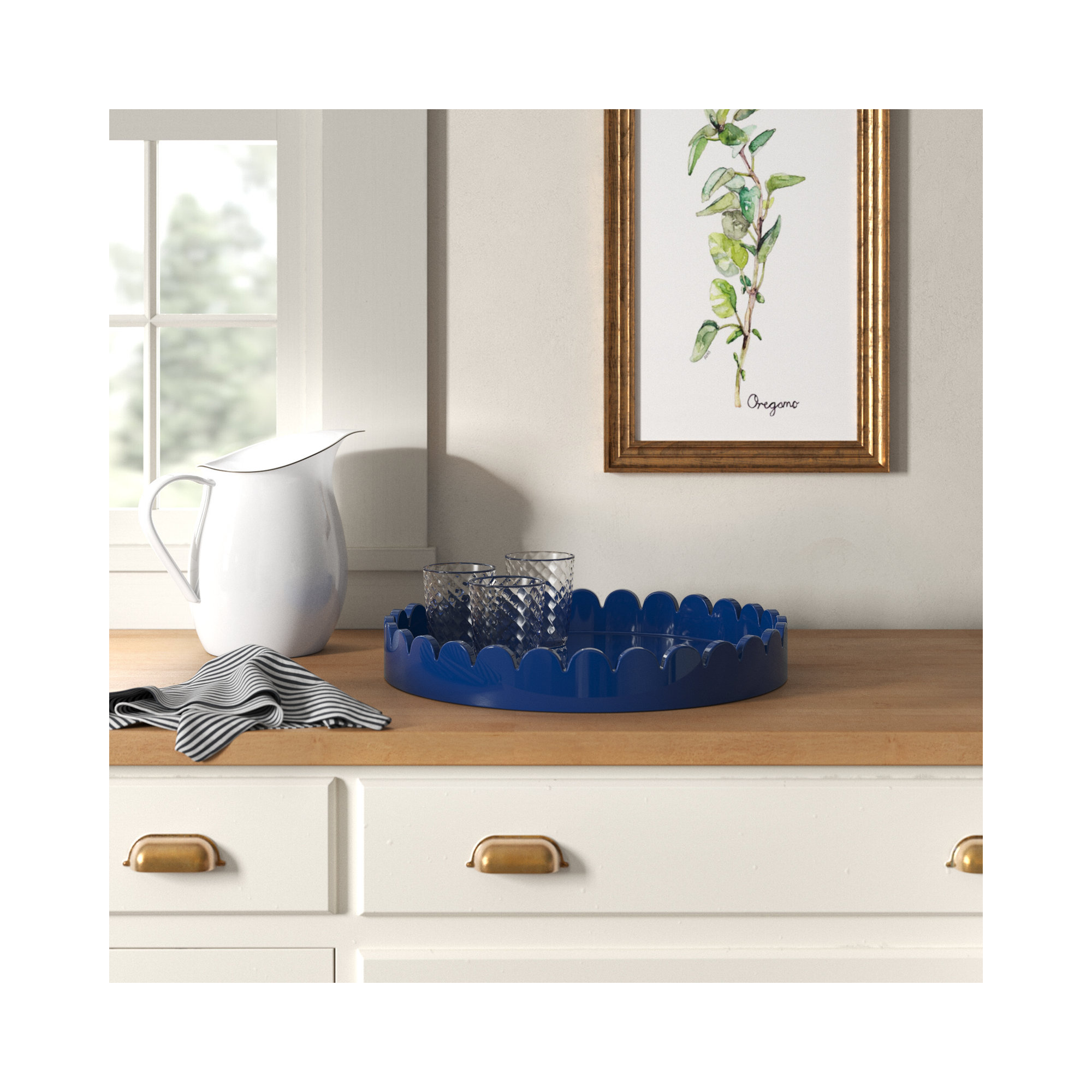 Effa Hand-Crafted Round Scalloped Wood Tray, Blue
